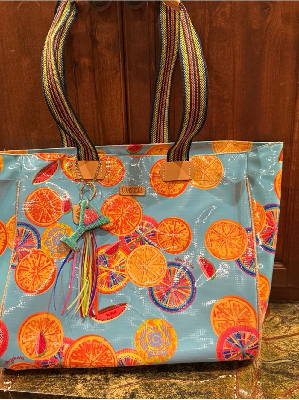 Consuela Sky Blue Orange Citrus Print Tote with Multicolor Tassel